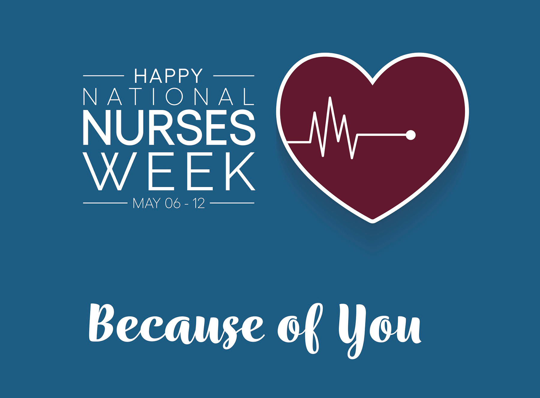 Photo of a card that says Happy National Nurses Week. Because of You. with a picture of a heart and a heart beat in the middle.